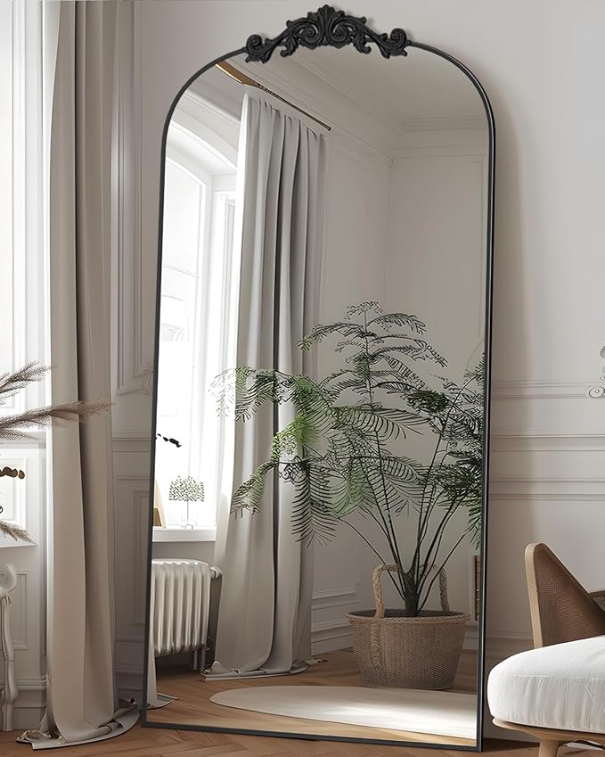 Antok Arched Full Length Mirror, 71"x28" Floor Mirror with Carved, Full Body Mirrors for HomeDecor, Standing/Halling Large Wall Mirror for Bedroom, Living Room, Cloakroom, Black, Retro Style