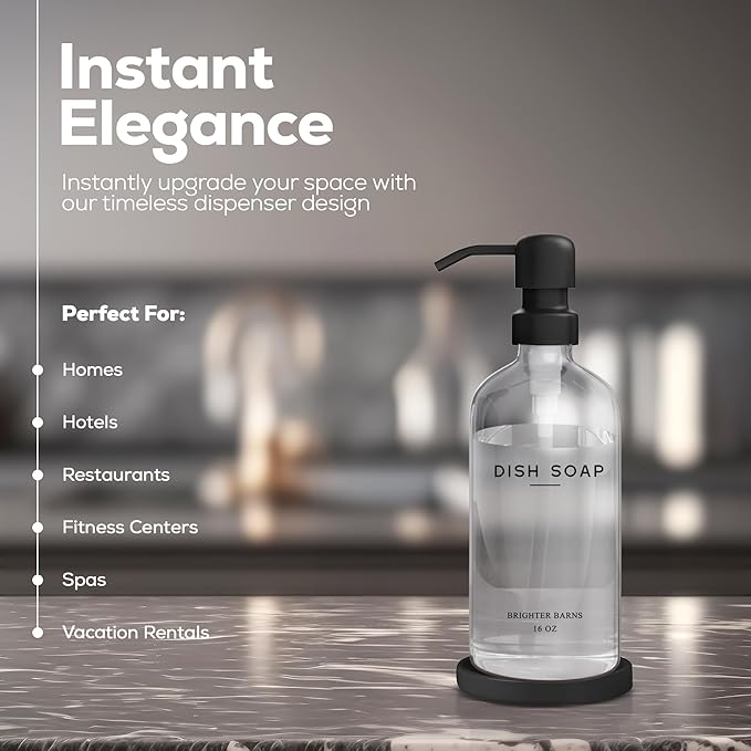 Glass Dish Soap Dispenser for Kitchen Sink by Brighter Barns - Modern Kitchen Soap Dispenser Set with Tray and Stainless Steel Pump - Minimalist Home Decor for Rental Properties, Restaurants (Clear)