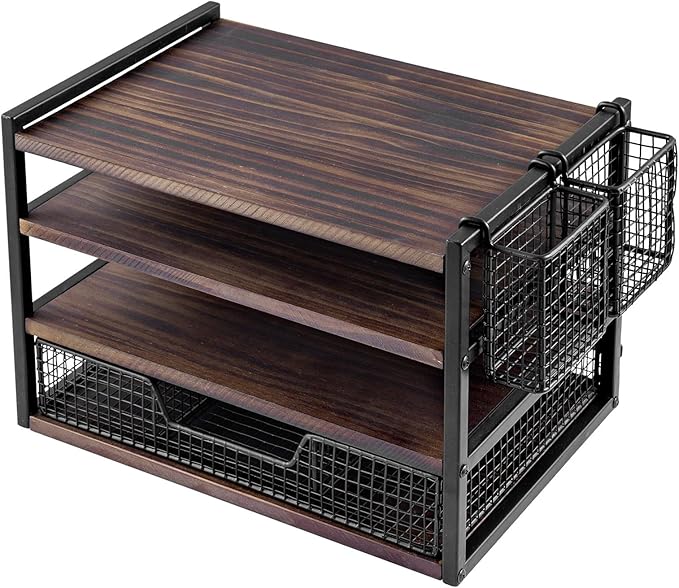 MyGift Urban Modern Black Metal Desk Organizer with 3 Tier Burnt Solid Wood Paper File Letter Trays, Office Supplies Storage Drawer and 2 Pen Holder Baskets