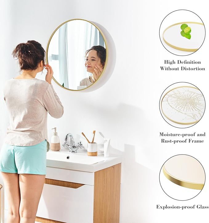 NEWBULIG Round Bathroom Mirror for Over Sink, 24 Inch Wall Mount Vanity Circle Mirror with Matte Metal Framed, Decor for Bathroom, Entryway, Bedroom, Gold