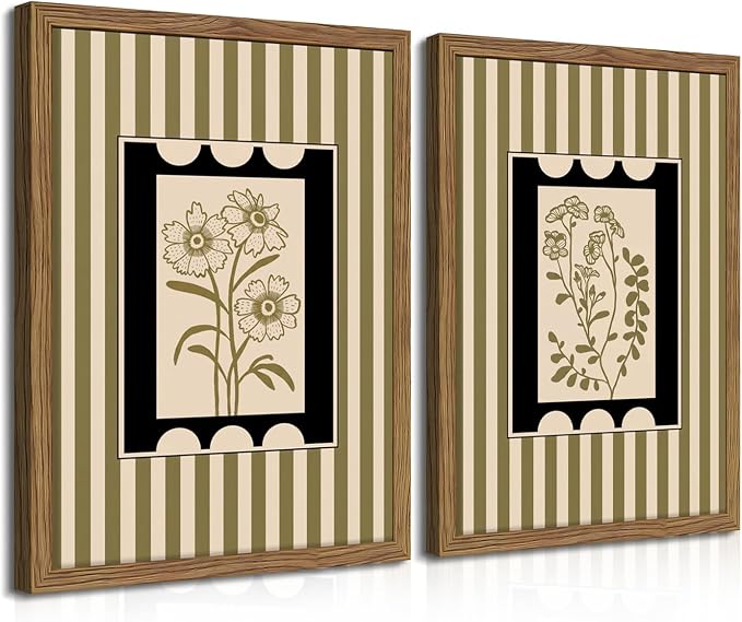 Framed Vintage Botanical Wall Art Set of 2, Olive Green Striped Floral Line Drawing Canvas Prints, Minimalist Nature Plant Artwork, Rustic Wall Decor for Living Room Bedroom Entryway 12x16in