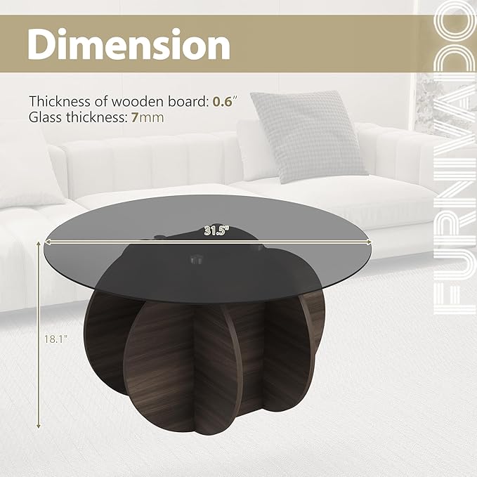 Glass Coffee Table, Round Coffee Table with Petal-Inspired Base, Modern Minimalist Coffee Table for Decoration, Gray Coffee Tables for Living Room, Study Room, Office