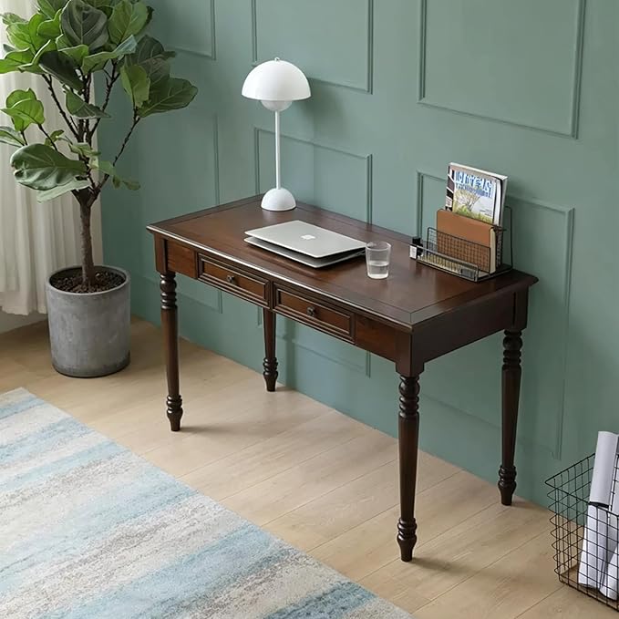 Solid Wooden Vintage Desk with Drawers, Small Dark Writing Desk with Drawers for Computer, Vintage Vanity Desk, Study or Gaming, Easy to Assemble (Walnut, 39in)