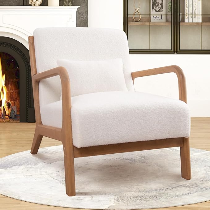 ANJ Mid Century Modern Accent Chair, Single Fabric Lounge Reading Armchair with Solid Wood Frame, Easy Assembly Arm Chairs for Living Room, White