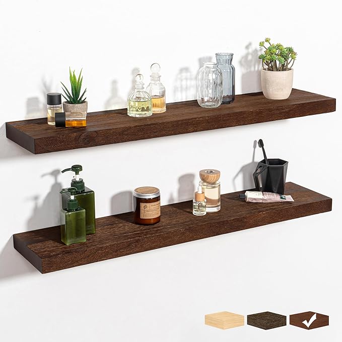 RICHFOCUS Rustic Wooden Floating Shelves for Wall - 36 Inch Wood Shelves Set of 2-7.9 Inch Deep Solid Paulownia Wood Wall Mounted Shelves with Upgraded Metal Brackets for Room Decor, Mahogany