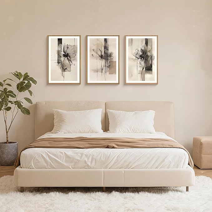 FWIEXA Black Beige Floral Canvas Wall Art Set 3, Neutral Abstract Framed Prints, Brushstroke Geometry Line Paintings, 16x24In Watercolor Ink Artwork Poster for Farmhouse, Living Room, Bedroom, Office