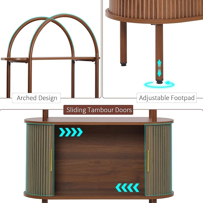 Turtle&Myrtle Tall Arched Bookshelf, Mid Century Modern Fluted Bookcase Cabinet with Sliding Doors, Curved Metal Frame Bookcase, Industrial Storage Display Shelving for Living Room, Bedroom (Walnut)