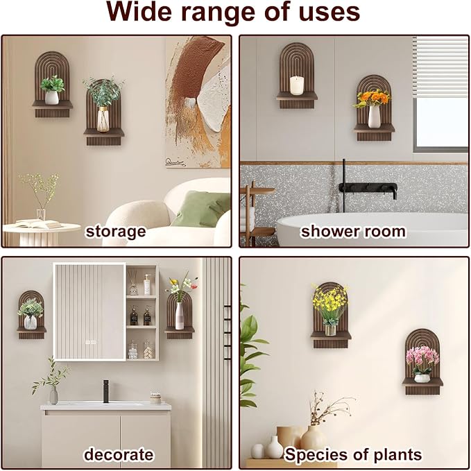 2 PCS Boho Wooden Rainbow Wall Shelves, Arch Boho Wall Shelf Mid Century Wood Floating Shelf Decor for Bathroom, Bedroom, Kitchen (Wood-03)
