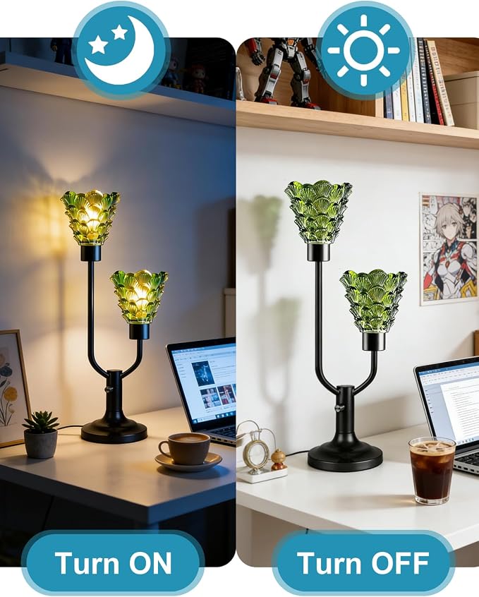 Lightdot Green Glass Table Lamp for Living Room Dimmable Mid Century Modern Vintage Desk Lamp Black Nightstand Lamp 2 Bulbs Included Warmwhite Ambient Bedside Lamp for Bedroom Home Office Decor Gift