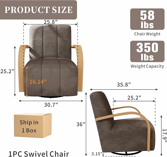 Chifee & Vingol 360° Swivel Accent Chair 30.3" W Velvet Swivel Living Room Chair with Solid Wood Armrests Mid Century Modern Reading Chair,Charcoal