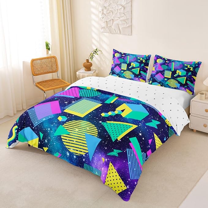 Retro 80s 90s Bedding Set Twin,Abstract Geometric Duvet Cover Urban Modern Circles And Triangle Comforter Cover Colorful Pop Art Inspired Pattern Quilt Cover Mens Hipster Hip-Hop Room Decor