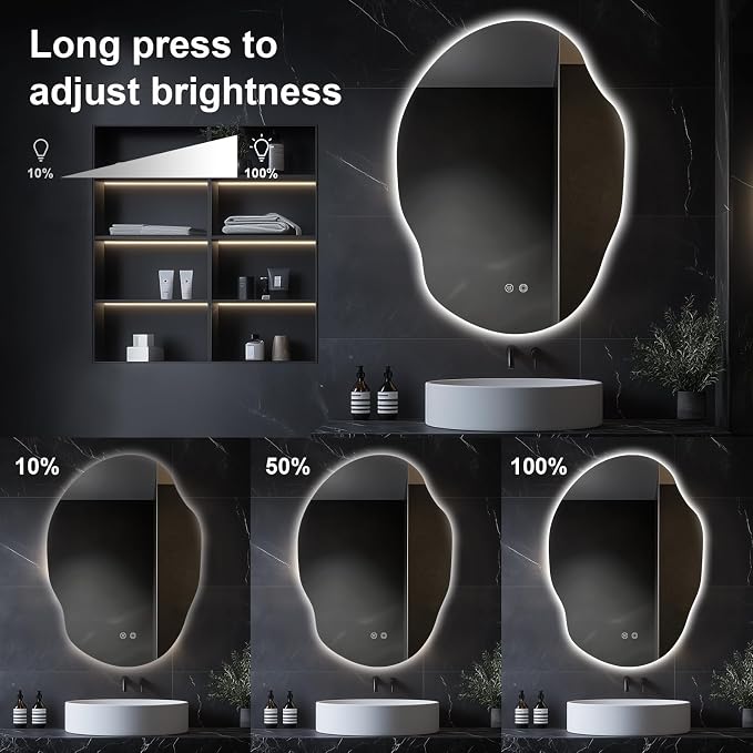 Asymmetrical Bathroom Mirror with Lights,Irregular LED Bathroom Vanity Mirror with Backlit,Anti-Fog,3 Colors and Dimmable Light with Memory,Hardwired Supported[Horizontal/Vertical] 55" H x 40" W