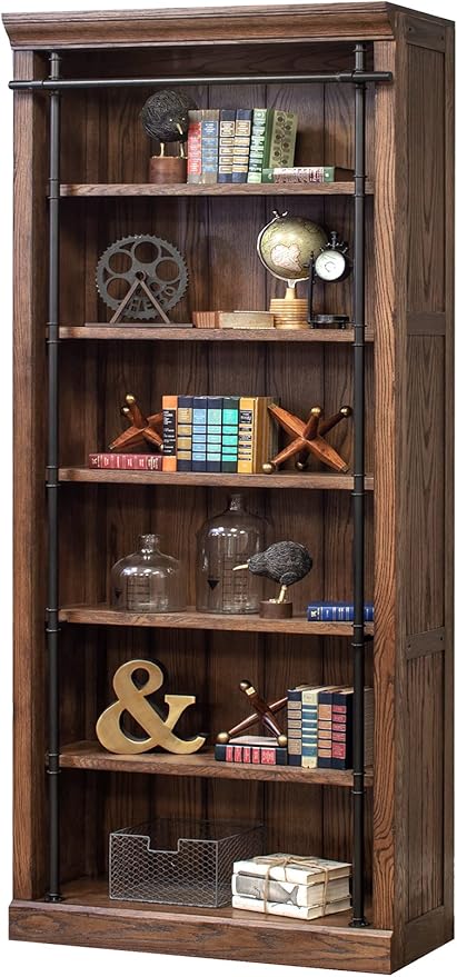 Martin Furniture Avondale 8' Tall Bookcase Wall with Ladder, Storage Organizer, Display Shelf for Office, Brown