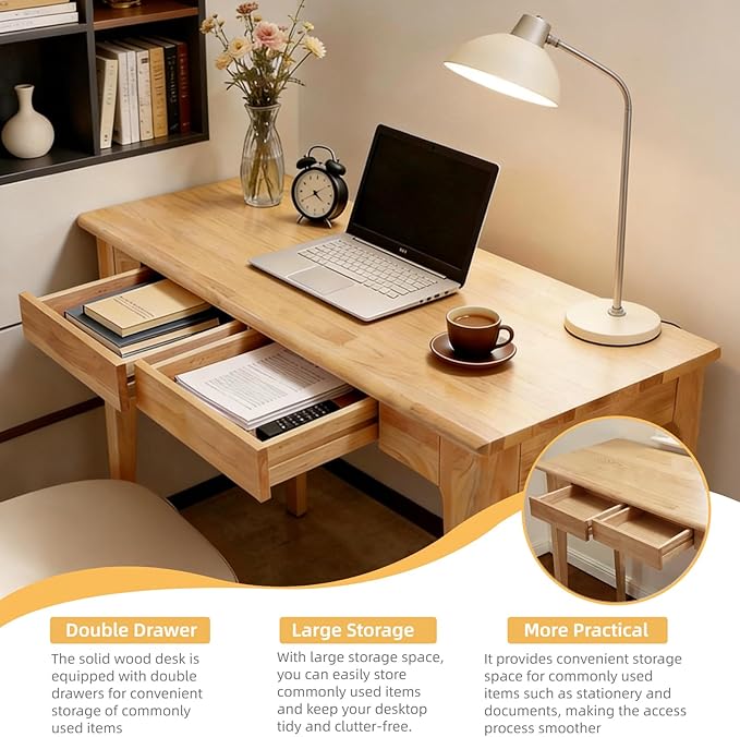47" Solid Wood Desk with Drawers - Natural Wood Small Desk for Bedroom & Solid Wood Computer Desk, Antique Small Wooden Home Office, Mid Century Desk for Study, Living Room, Office