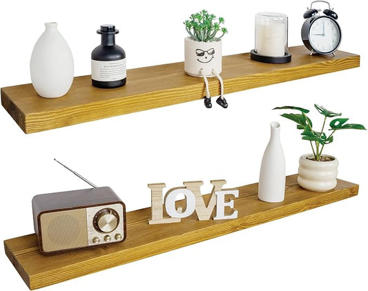 BGMG Wood Floating Shelves for Wall 54 inch Set of 2, Rustic Wooden Wall Mount Shelves for Living Room Bedroom Kitchen Farmhouse-54x6.7x1.75 inch- Gold Oak