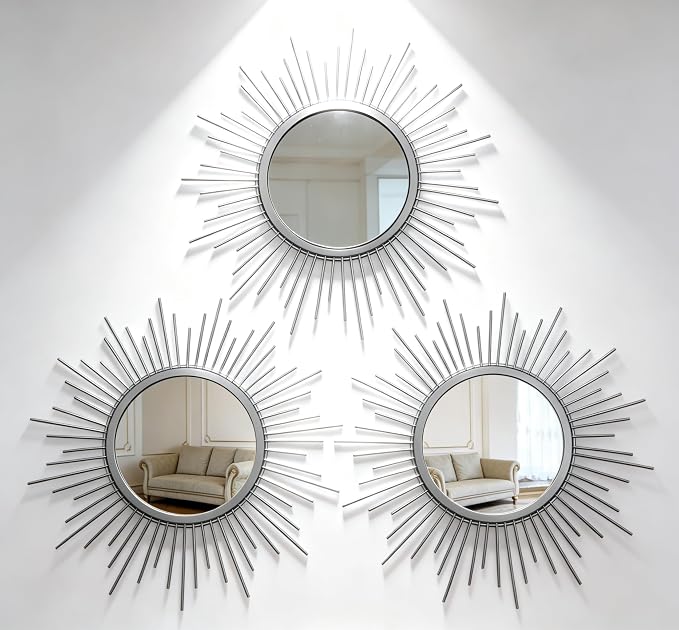 Silver Sunburst Mirror Set of 3, 3PCS Metal Round Decorative Wall Mirrors, Starburst Accent Mirror Wall Decor for Bathroom, Living Room, Bedroom & Entryway