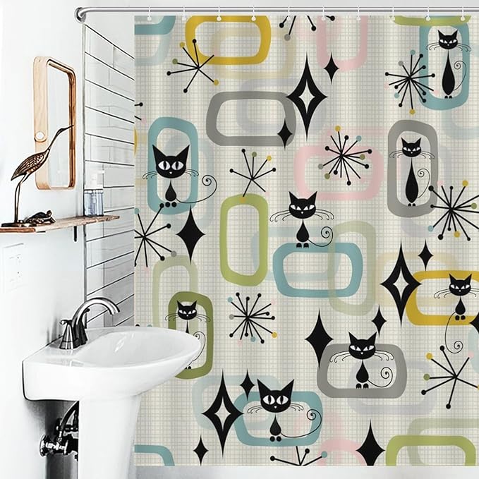 Mid Century Shower Curtain Retro 60s Geometric Aesthetic Black Cat Pattern Duty Fabric Shower Curtains Set Bathroom Polyester Waterproof with 12 Hooks, 66x72Inch（168x183cm）