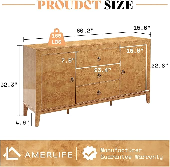 AMERLIFE 60" High Gloss Burl Buffet Sideboard Storage Cabinet, Large Wood Sideboard with Drawers, Retro Handles, Heavy Duty Coffee Wine Bar Buffet Table for Dining Room, Living Room, Yellow