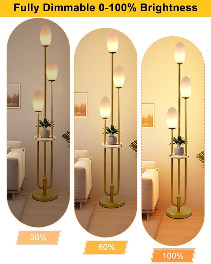 Lightdot Gold Floor Lamp Dimmable with Table, Tall Standing Lamps with 3-Oval Lampshades& LED Bulbs Included, 3000K Warmwhite Mid Century Modern Floor Lamp for Living Room/Sofa Beside/Corner Decor