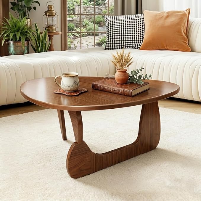 Solid Wood Coffee Table, Mid-Century Modern Triangle Center Table for Living Room, Triangular Wood Tea Table, Fingerprint-Free & Shatterproof, Walnut, 43.3" L x 27.5" W x 16.5" H