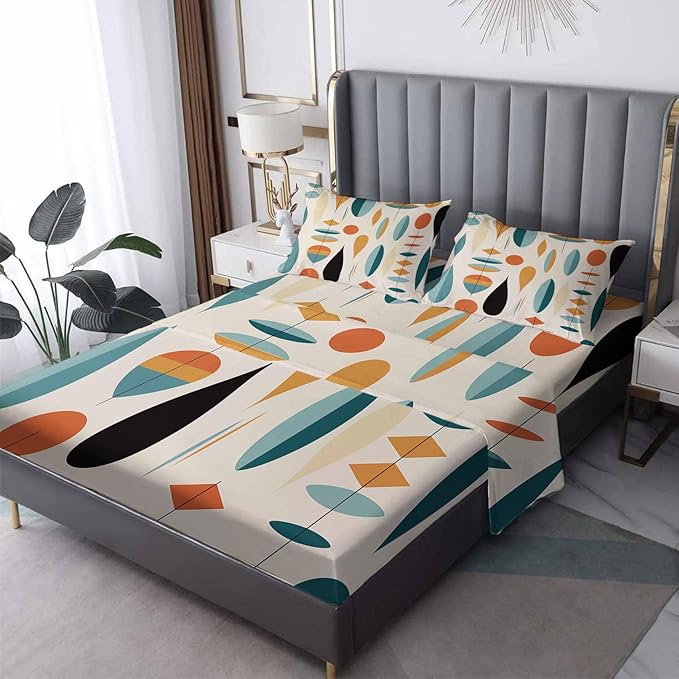 Mid Century Modern Sheets Cal King Size, Abstract Geometric Bed Sheet Set, Contemporary Bedding Sheet Sets 4 Piece, Soft Microfiber Deep Pocket Fitted Sheet & Flat Sheet & 2 Pillowcases