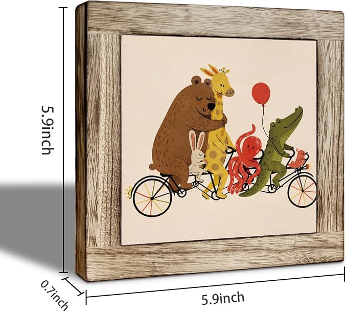Cute Animal Bike Parade Wooden Desktop Sign, Whimsical Cartoon Animals Riding Bicycle Wood Plaque Tabletop Decor for Nursery Kids Room Bedroom Shelf