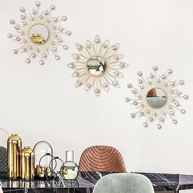 Uaussi 3 Pack Crystal Sunburst Wall Mirror Décor Rhinestone Mirrors Decorative Home Wall Art for Living Room Bedroom Entryway(Flower+Sunburst Gold)