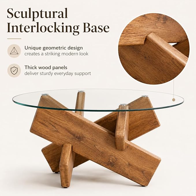 Circle Coffee Table, 33.4" Round Glass Coffee Table for Living Room, Mid Century Modern Center Table with Rustic Wood Crossed Legs, Glass Top Cocktail Table
