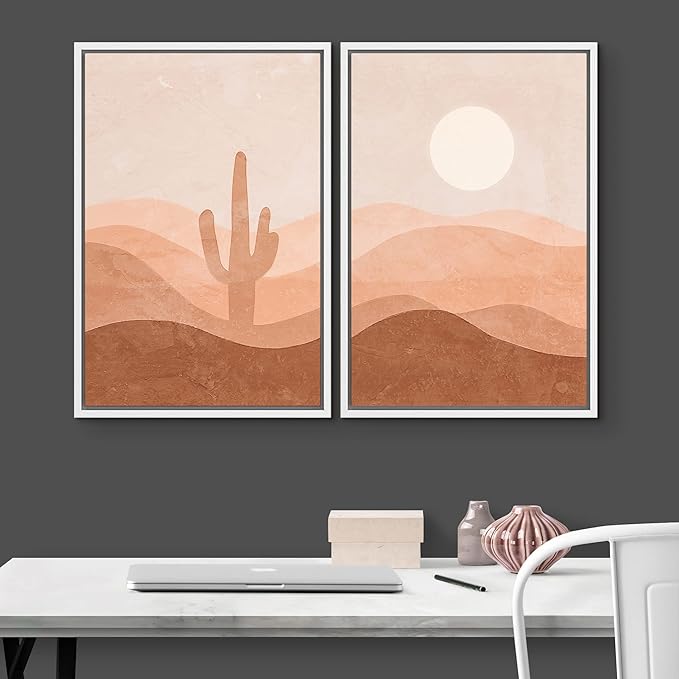 IDEA4WALL Framed Wall Art Print Set Cactus Shining Sun Desert Valley Landscape Wilderness Nature Illustrations Modern Art Boho Graphic Colorful Chic for Living Room, Bedroom, Office - 16"x24"x2 White