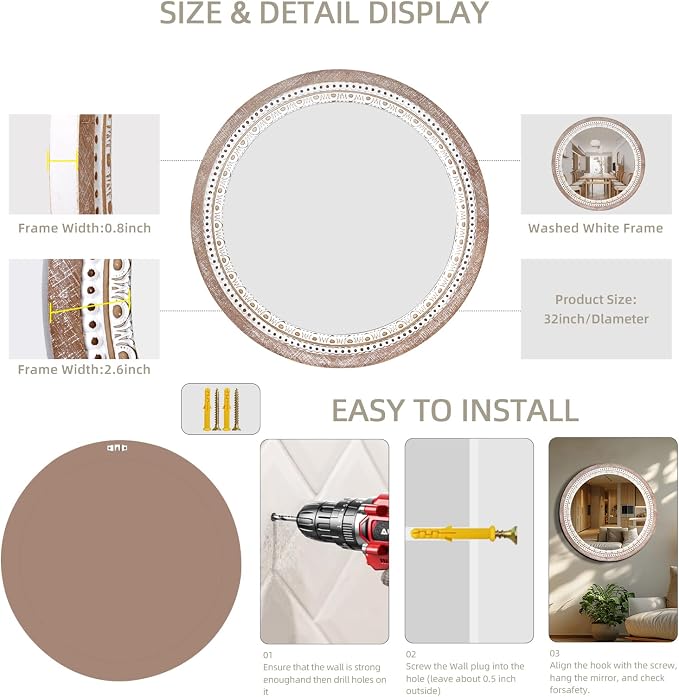 Reflinto 30 Inch Rustic Farmhouse Round Mirror for Wall Decor, | Boho Wood Frame Circle Decorative Mirrors for Bathroom Over Sink, Bedroom, Living Room, Entryway, Foyer