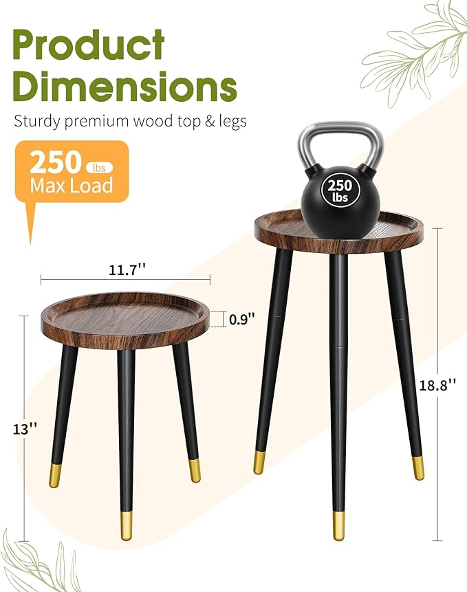 Plant Stand Indoor 2 Pack, Wood Mid Century Indoor Plant Stand, Tall Plant Stands for Flower Pot, Modern Plant Table, Small Side End Table With Raised Design, Walnut, 11.7"x18.8" & 11.7"x13"