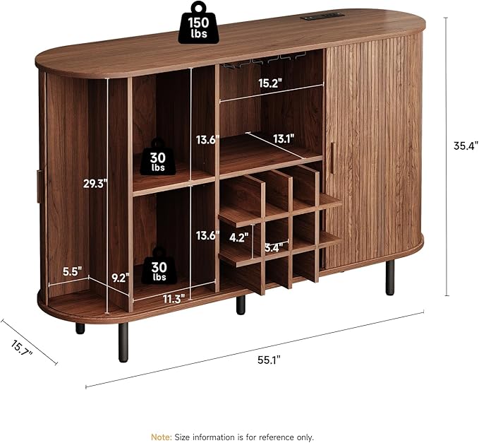 ONBRILL 55" Wine Bar Cabinet with LED Light,Modern Liquor Whiskey Coffee Station with Wine Rack and Glass Holder, Farmhouse Buffet Sideboard with Storage for Living Room, Kitchen, Entryway (Walnut)