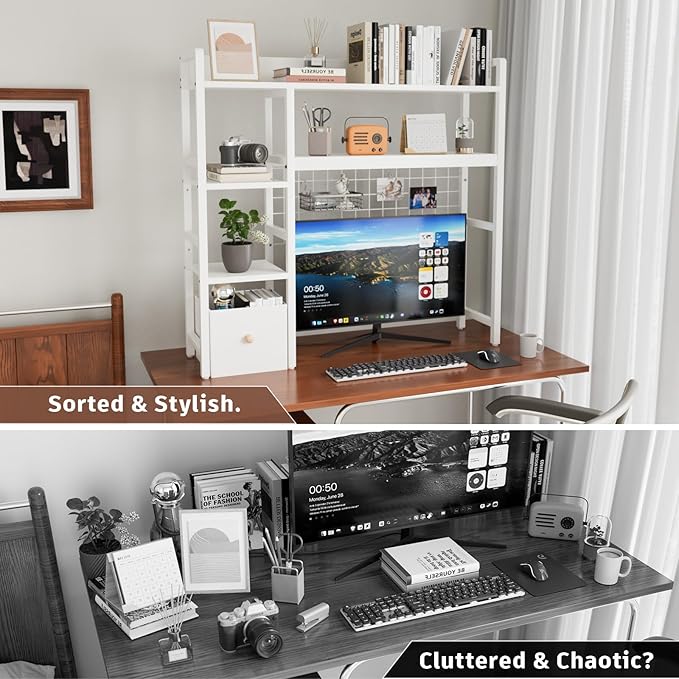 Desk Shelf,Computer Desktop Storage Rack,4 Tier Desk Organizer with Pegboard Hooks Set,Wood Desktop Bookshelf for Home Office Dorm,Office Desk Bookshelf with a Woven Drawer,White