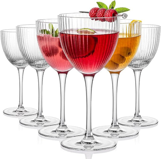 Nick and Nora Cocktail Glasses - Coupe Glasses Set of 6, Vintage Ribbed Martini Glassware, Crystal Cordial Cups for Whiskey, Gin, Vodka, Champagne, 5 Oz,Valentines Day Gifts For Her