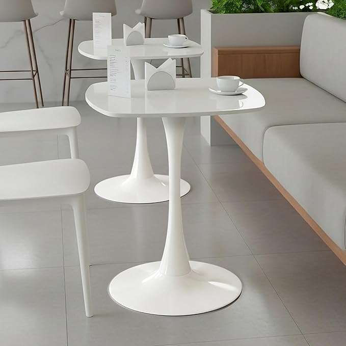 White Square Dining Table,24" Tulip Table with Metal Pedestal,15-Minute Quick Assembly,Mid Century Modern Circle Table for Kitchen Small Places Cafe (White)