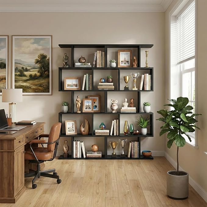 5-Tier Geometric Bookcase (Set of 2), 62.6" Tall S-Shaped Bookshelf & Room Divider, Modern Black Freestanding Display Shelving Unit for Living Room, Hallway, Home Office