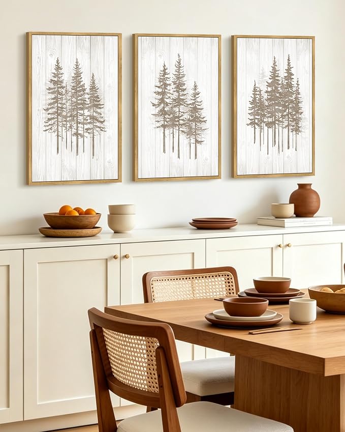 KUVIOKE Foggy Misty Pine Tree Framed Wall Art Watercolor Nature Abstract Forests Wall Decor Rustic Minimalist Painting for Bedroom Dining Room 16x24in (Natural Framed)