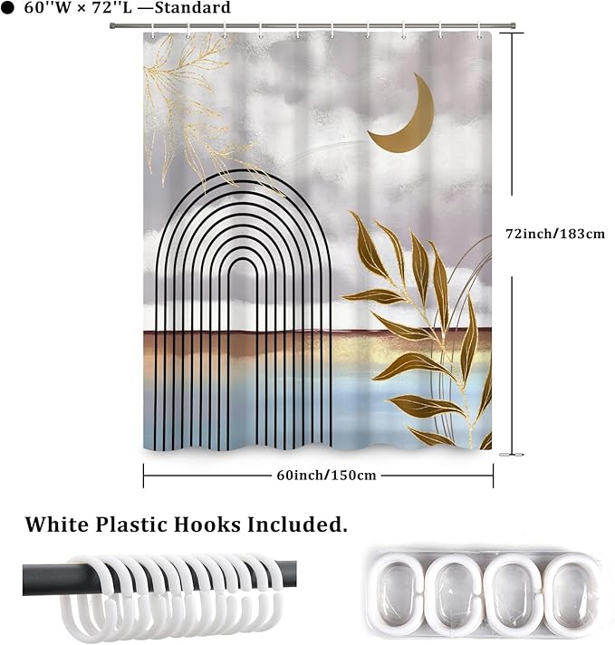 Boho Shower Curtain Abstract Modern Geometric Leaves Shower Curtain Mid Century Minimalist Moon Pattern Decor Bath Curtain Waterproof Fabric with Hooks 60x72