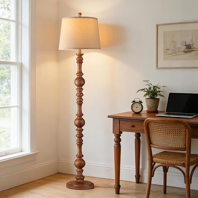QiMH Vintage Floor Lamp for Living Room,61" Tall Rustic Standing Lamp with Linen Lampshade, Rotary Switch Farmhouse Floor lamp for Bedroom, Corner, Dining Room, Home Decor, Wood Grain