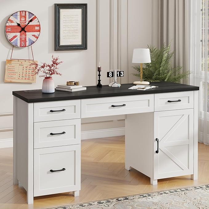 Vabches Farmhouse 61'' Executive Desk with 5 Drawers, Rustic Office Desk Computer Desk with Charging Station, File Drawers and Storage Cabinet, Wood Workstation for Home Office and Study.(Black Top)