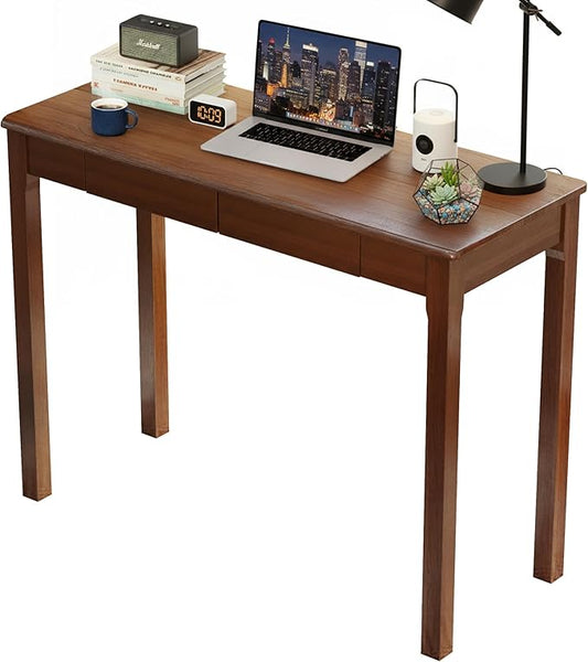 Solid Wood Desk with Drawers - 39" Narrow Desks for Small Spaces, Mid Century Modern Computer Desks, Wooden Vintage Writing Desk, Small Study Table for Home Office Bedroom, Walnut