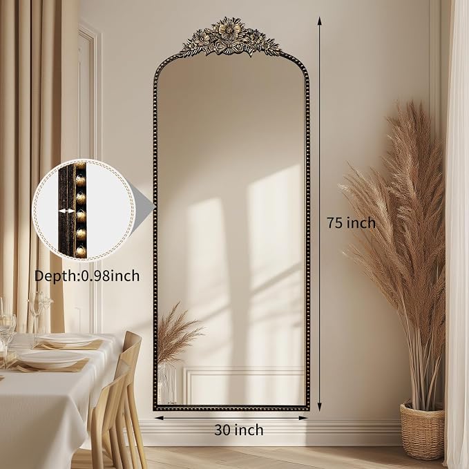 Full Length Mirror, 75x30 Baroque Style Vintage Mirror, Antique Metal Frame Wall Mirror, Traditional Art Home Decor for Living Room, Bedroom, Entryway,Retro Black