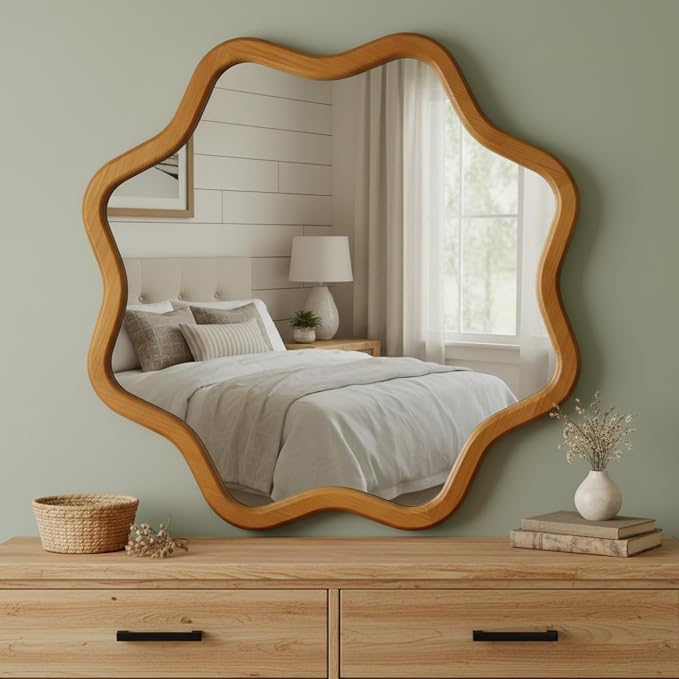 ZIYOO Star Shaped Wall Mirror, Natural Wood Grain Scalloped Edge Decorative Mirror, Boho Accent Mirror for Entryway Bathroom Living Room Bedroom (Wood,28")