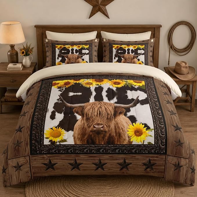 WeCozy 7 Pcs Full Size Comforter Set with 2 Pillowcases & 2 Shams, Brown Highland Cow Sunflower Bedding for Kids and Adults, Bull Animal Farm Bed in a Bag with Flat Fitted Sheet