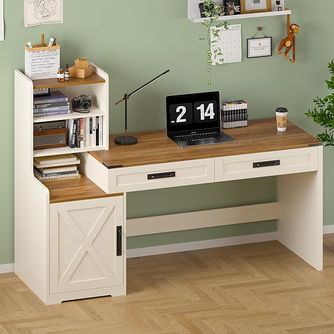 60'' Farmhouse Computer Desk with Drawers, Home Office Desk with Bookcase, Vanity Desk Writing Study Table with Storage, Antique White