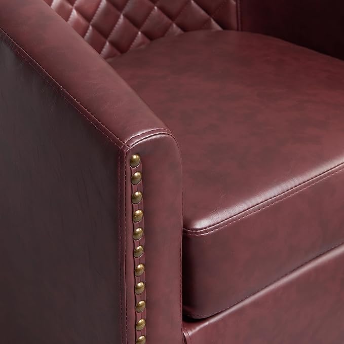 KINWELL 29" Wide Tufted Faux Leather Swivel Barrel Chair, PU Leather Modern Upholstered Accent Chairs with Nailhead Trim, Small Armchair for Living Room Bedroom, Red