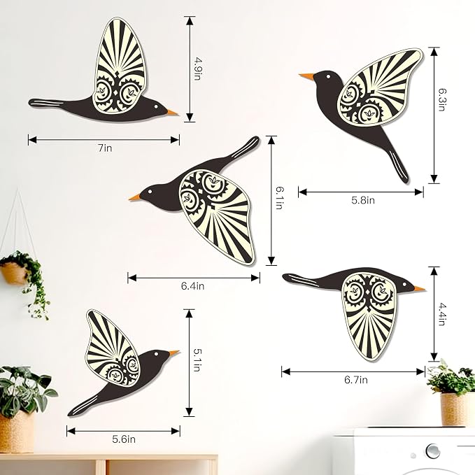 KOYILTD 5 Piece Wooden Bird Wall Decor Sculptures Wood Boho Flying Bird Wall Art Scandinavian Home Wall Decor for Farmhouse Living Room Bathroom Dining Room Kitchen Office (Rustic)