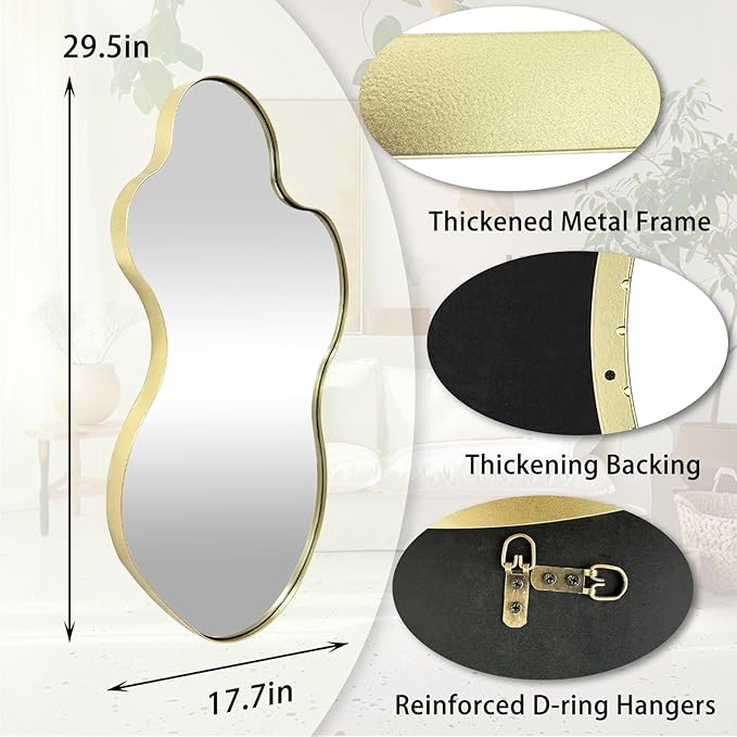 Irregular Mirror, 30"x18" Asymmetrical Mirror, Gold Metal Frame Abstract Wall Mirrors Decorative, Modern Odd Shaped Mirrors for Living Room Bathroom Bedroom Hallway Entryway Fireplace