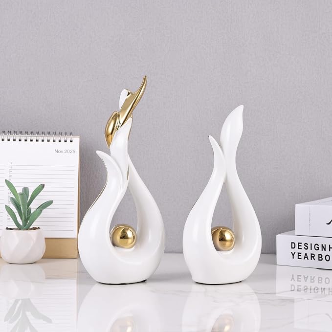2PCS Abstract Flame Ceramic Sculpture Set – Modern Figurines for Living Room Table Centerpiece, Dining Table Decor, Bedroom Table Decor, Shelf Sculpture, Fireplace, and Home Decoration (White Gold)