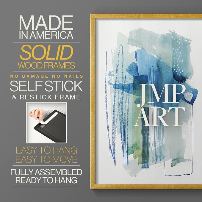 Renditions Gallery Set of 2 Peel & Stick Framed Prints, Modern Abstract Wall Art, Blue and Neutral Bold Brushstrokes Wall Decor, Re-Stickable - Ready to Hang - 22"x28" - GOLD Frame LT588